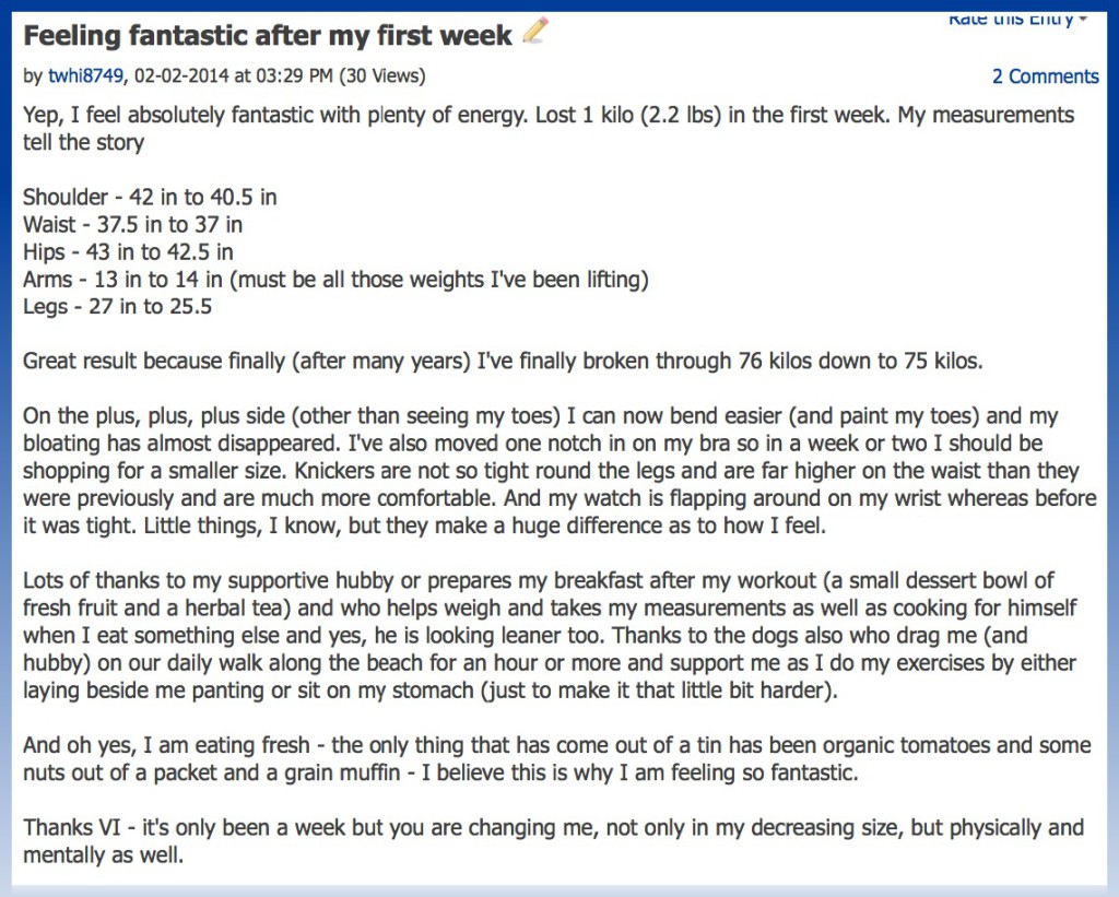 Sue's results for week one doing the Venus Factor program with full gusto.
